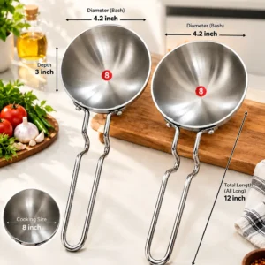2Pcs Premium Tadka Pan with Heat-Resistant Long Handle 12 Inch Long Handle, 4.2 Inch Bash and 3 Inch depth